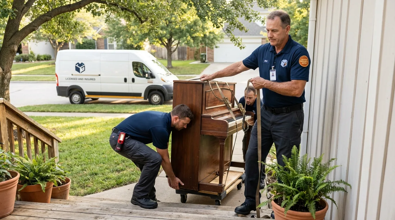 Licensed piano movers securing grand piano in Saint Joseph, MI