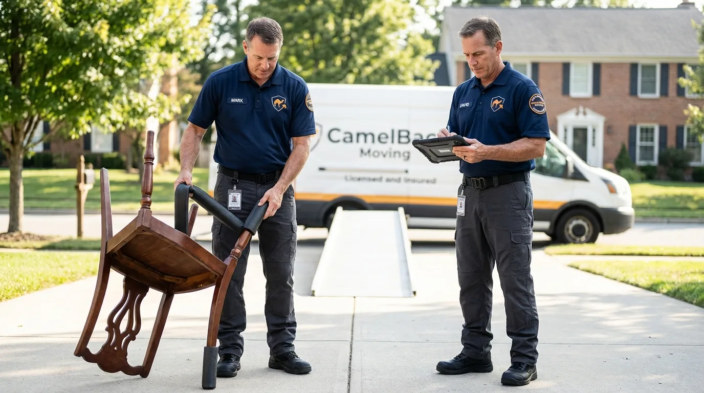 Movers inspecting furniture for damage prevention before loading in Saint Joseph, MI