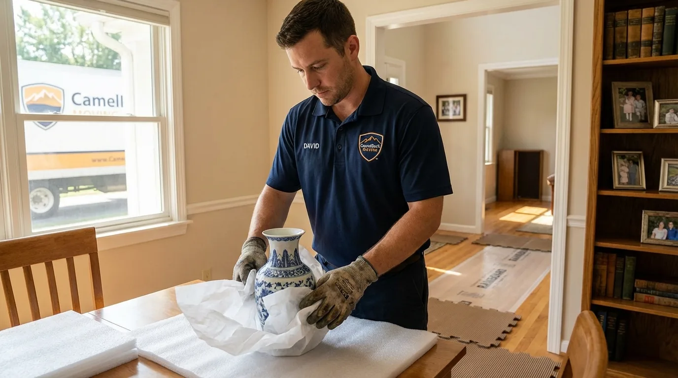 Professional crew carefully wrapping antique vase for senior downsizing move in Saint Joseph, MI